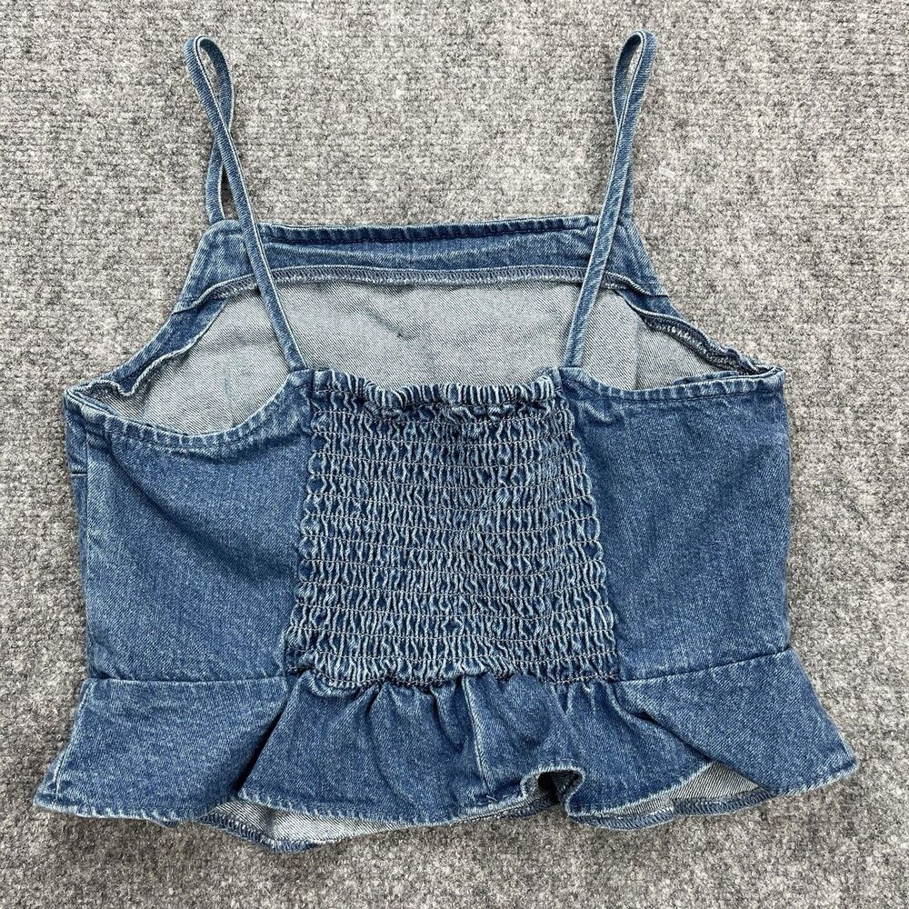 American Eagle Denim Tank Top Womens Medium Cropped Ruffle Bottom Smocked Back - Picture 3 of 7